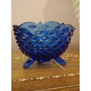 Cobalt Blue Hobnail Ruffled Bowl, Triangular Shape with 3 legs, Translucent Blue